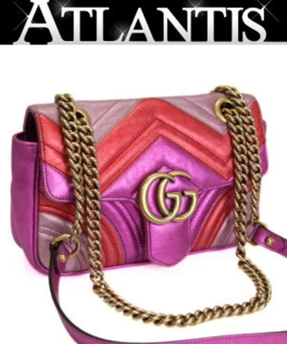 Gucci GG Marmont Chain Shoulder Bag Chevron Leather Metallic Pink x Red